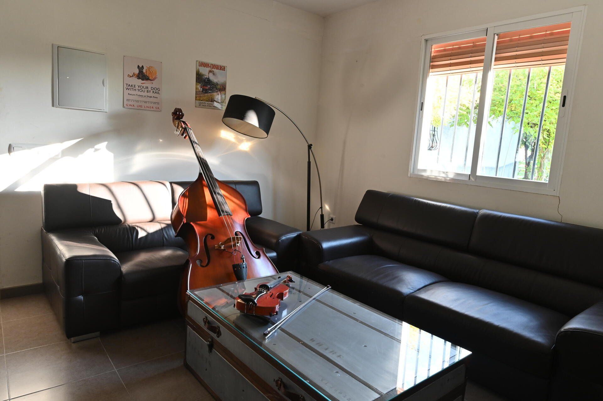 Sofás negros y violonchelo